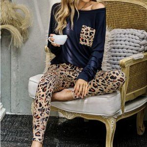 Navy Blue Leopard Print Loungwear Set